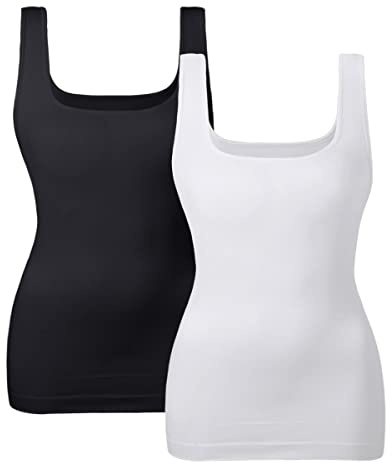 EUYZOU Women's 2PK Tummy Control Shapewear Tank Tops Seamless Square Neck Compression Tops Slimming Body Shaper Camisole-Black/White M