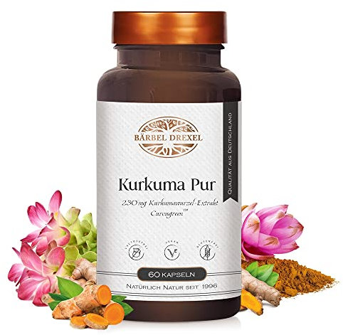 BÄRBEL DREXEL® Kurkuma Pur Kapseln (60 Stück) hochwertiges Kurkumawurzel-Extrakt (enthält ca. 90% Curcuminoide), hochdosiert, 1 Kapsel täglich, Curcumin, vegan, in Deutschland produziert, Curcuma