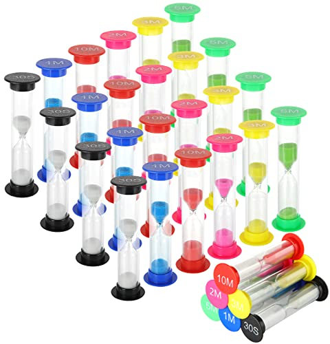 GOYADA Lot de 36 Sabliers 30S/1Min/2Min/3Min/10Min, Sabliers Minuterie, 6 Couleurs Minuterie Horloge de Sable Hourglass, Sablier pour Loisirs, Cuisine, Jeux, Travail