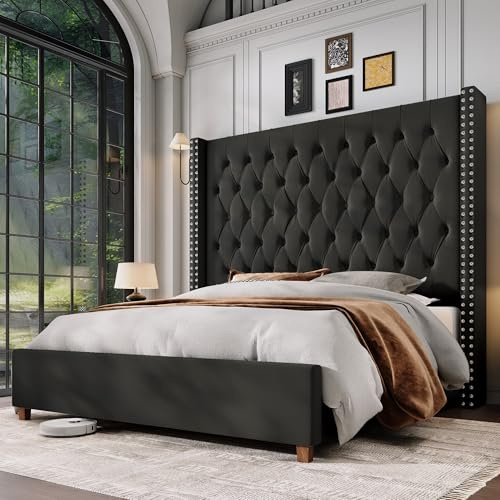 Jocisland King Size Bed Frame 61.4 Extra Tall Wingback Headboard Velvet Upholstered Deep Button Tufted Platform Bed with Solid Wood Legs & Wood Slats, No Box Spring Needed, Black