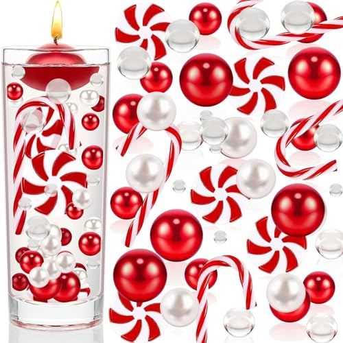 SHOWHEEL Juego de 6054 rellenos de jarrones de Navidad, perlas flotantes, perlas de agua transparentes, bastones de caramelo y caramelos de plástico para rellenar jarrones, decoración navideña