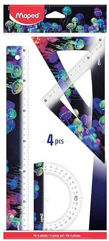 Maped - Set de Traçage 4 Pièces Deepsea Paradise - Règle 30 cm + Équerre 60° / 21 cm + Équerre 45° / 21 cm + Rapporteur 180° Base 12 cm - Instruments Ergonomiques et Légers