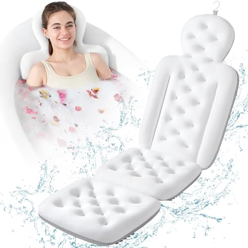 Bathtub Pillow Full Body, Luxury Bath Cushion for Tub with 160 Suction Cups, Bath Mat for Head and Neck Support with Laundry Bag White (51.2 x 16.2)