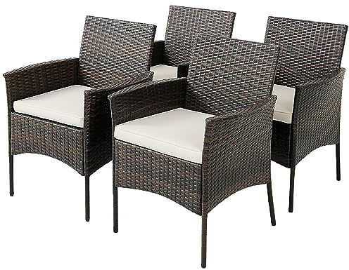 GIANTEX Set di 4 sedie da giardino in rattan, poltrone da esterno con cuscini estraibili, sedie in rattan per giardino, balcone, patio, marrone + beige