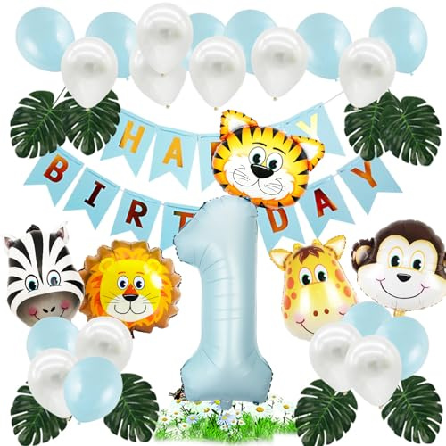 Koboko Dschungel Deko 1. Geburtstag, Geburtstagsdeko 1 Jahr Junge Folienballon Tiere, Luftballon 1. Geburtstag Junge Waldtiere Deko, Dschungel Tiere Ballons Kindergeburtstag Deko Jungen Mädchen