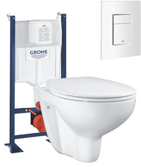 Pack WC suspendu sans bride GROHE Bau ceramic + Bâti support + abattant + plaque carré blanc alpin