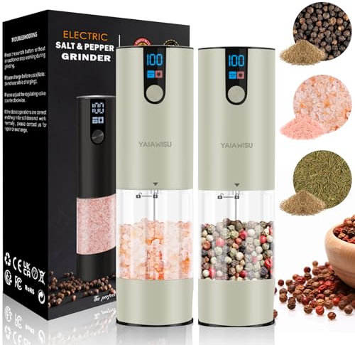 YAIAWISU Molinillos de Sal y Pimienta Eléctricos, Juego de 2 (Pantalla LED, Gran Capacidad de 120 ml), Molinillo de Especias Eléctrico para Cocinas y Restaurantes (Superficie de goma blanca arroz)