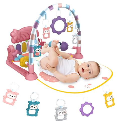 Lexixi ibao Baby Play Gym Mat - Tummy Time, Kick Piano for Infant Activity Mat with 5 Sensory Toys, Music and Lights - Pink