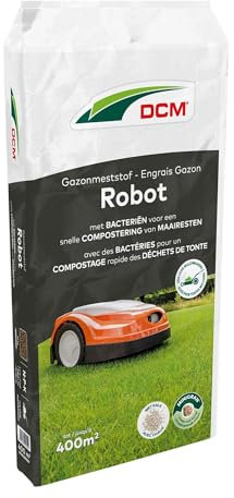DCM Engrais pour gazon Robot 20 Kg - 400 m² - Avec bactéries et chaux pour le compostage des déchets de tonte