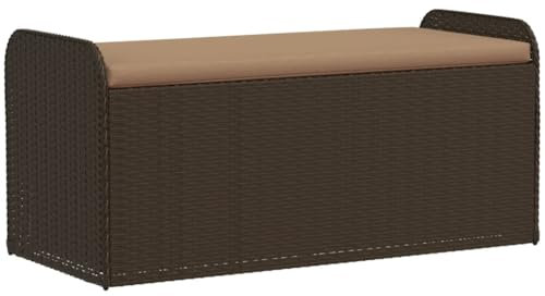 HETFTJN Modern Bank Bierbank Sitzbank Flur Garderobenbank - Sitzbank mit Stauraum & Kissen Braun 115x51x52 cm Poly Rattan für Draussen Park Terrassen Garten