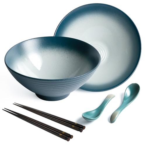 2 teiliges Ramen Schüssel Set Keramik Japanische Ramen Bowl mit Essstäbchen und Löffel,Asiatisch Stil Porzellan Geschirr Salatschüssel Instant Suppenschale,1200ml,Blau