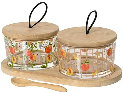 Servierschalen mit Deckel und Serviertablett 7x20x10cm Glas Bambus Set mit Pfirsich Motiv - Glasschälchen für Gewürze Marmelade Pesto Snacks - Servierplatte mit Snack- und Dipschalen - Dipschälchen