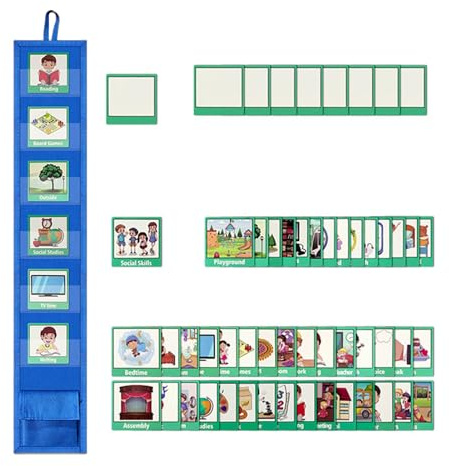 Kids Visual Schedule - Visual Schedule Chart | Visual Timetable, Classroom Pocket Chart, Daily Behavior Schedule with 45 Activity & 9 Blank Cards, Portable Visual Schedule Pocket Chart