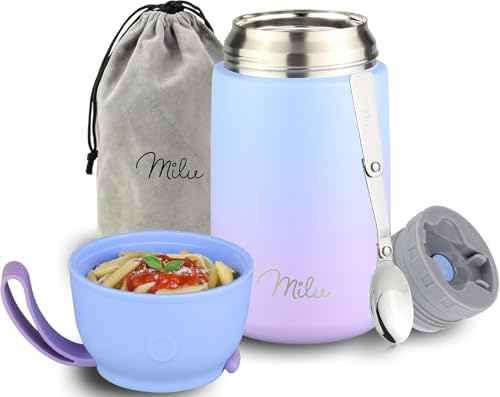 Milu® Thermobehälter für Essen 800ml, Edelstahl, Thermo Lunchbox, Suppenbehälter to go, Thermobox, Thermodose zum Warmhalten Suppen, Speisebehälter, Breiwärmer unterwegs, Blau Violett 800ml