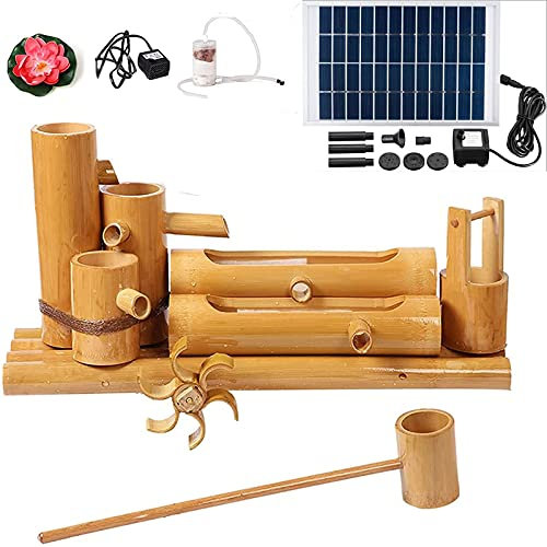 HUIBBGO Fontana Solare, Giochi d'Acqua per Il Giardino, Fontana in bambù con Vasca per Uccelli, Decorazione da Giardino, Decorazione da Giardino con Cascata
