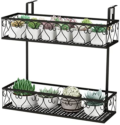 COSTWAY Blumenregal zum Aufhängen, Blumentopfhalter Metall, Hängeregal mit verstellbaren Haken, Topfpflanzenbehälter für Garten Balkon Terrasse, Geländer Regal, Blumentopfregal Schwarz, 60x33x59cm