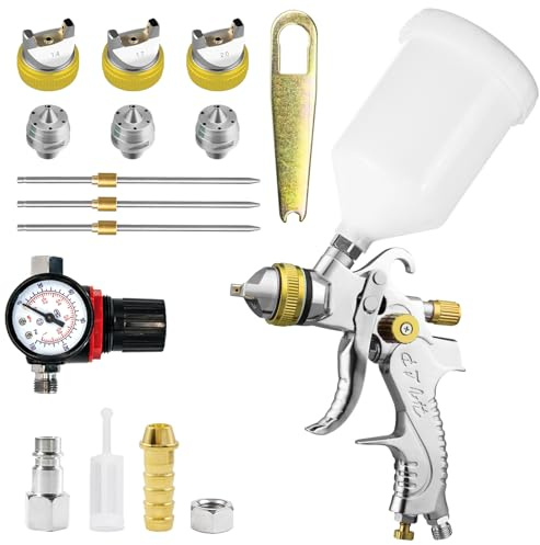 KCNKCN HVLP Professional Air Gravity Feed Spray Gun with 1.4, 1.7, 2.0mm Nozzles 600cc with Pressure Gauge for Car Paint, Primer, Clear, Top Coat and Touch Up (Yellow)