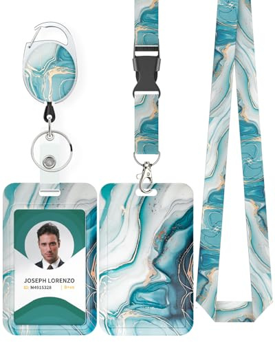 Uniclife Modische Sliding Ausweishülle Cyan Marmoriert Kunststoffkoffer mit einziehbaren Badge Reel Karabiner Clip & abnehmbare Lanyard Strap geprägte vertikale Karte Schutz Frauen Krankenschwester