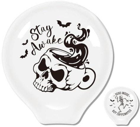 ANATTASOUL 2 Stücke Keramik Löffel Rest 9 * 8.5cm,Halloween Küche Speisenaufzug Löffelhalter Keramik für Spatel, Zangen, Gadgets, Kaffeelöffel, Spoon Rest für Küchentheke (Schädel und Kaffee)
