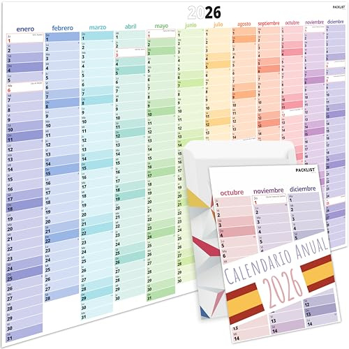 PACKLIST® Calendario Anual 2026 Pared XXL | Planificador Grande con Festivos de España – DIN A1 (84,1x59,4cm) Papel 160g – Organización para Home Office, Familia y Estudios