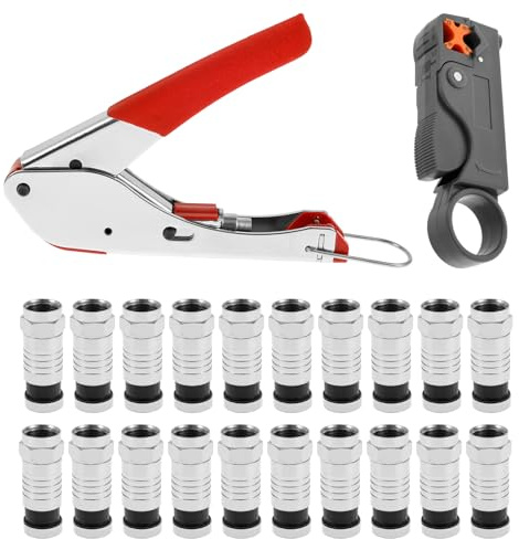Coax Cable Crimper Kit Coaxial Cable Compression Tool Kit with 20x F Type Connector + Wires Terminal Stripper for Home Theater Satellite System RG59 RG6 TV AV Cables