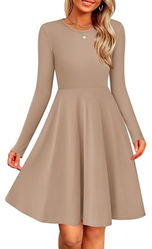 Zeagoo Abito a Maglia Donna Invernale Manica Lunga Vestito Elegante con Scollo Rotondo Maglione Abiti Causali Linea A Vestiti Lavorato Tinta Unita Cachi L