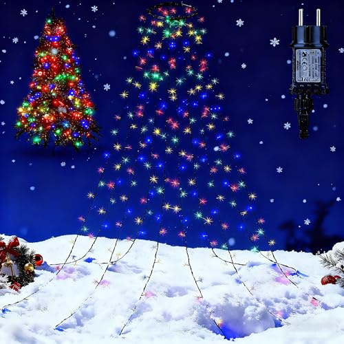 Qedertek Lichterkette Weihnachtsbaum Außen Innen, 2.4M 240LED Christbaumbeleuchtung mit Ring, 12 Modi Lichterkette Außen Weihnachten mit Timer, IP44 Weihnachtsbeleuchtung Außen für Tannenbaum (Bunt)