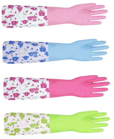 CIYODO 2 Pair Lengthened Kitchen Gloves Dishwashing Gloves Fleece Lined for Household Cleaning Random Color