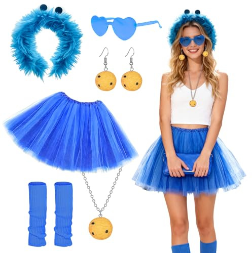 Orizizhic Monster Kostüm Damen Mädchen Kompatibel mit Cookie Haarreif, Karneval Lustige Kostüm Set mit Haarreif Tutu Rock Kette Bein Ohrringe Brille für Erwachsene Fasching Halloween Cosplay