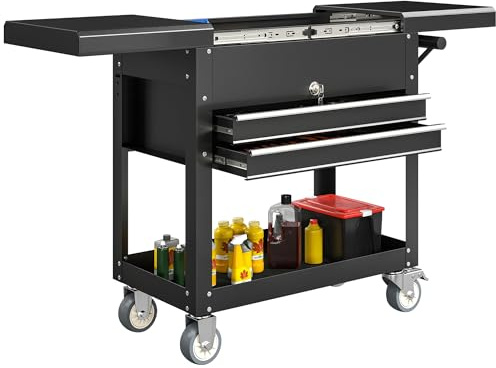 HOMCOM Chariot d'atelier, servante d'atelier sur roulettes, chariot à outils en acier avec plateau coulissant, tiroirs verrouillables et poignée pour entrepôt, atelier, garage, noir