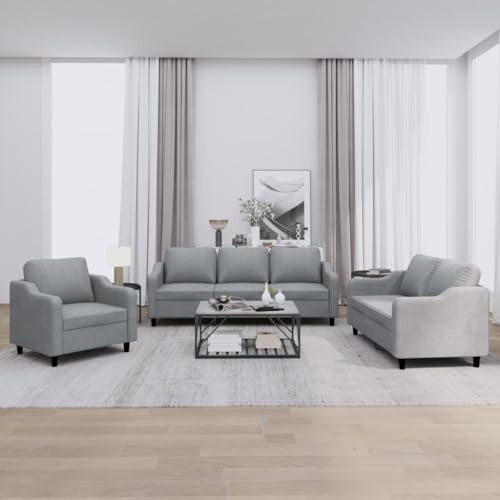 Tonture 3-TLG. Sofagarnitur Hellgrau Stoff, Robustes Metallgestell, atmungsaktiv, für Wohnzimmer, Schlafzimmer, bequemes Sitzerlebnis, 1 Sessel, 1 Zweisitzer, 1 Dreisitzer