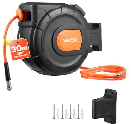 VEVOR Enrouleur Tuyau Air Comprimé 30 m x 9,5 mm Dévidoir Tuyaux Compresseur Air Pression Max 20,7 bar Enrouleur Fermé Automatique Tuyaux PVC, Fixation Murale Pivotante à 180°, Tuyau d'Arrivée 2 m