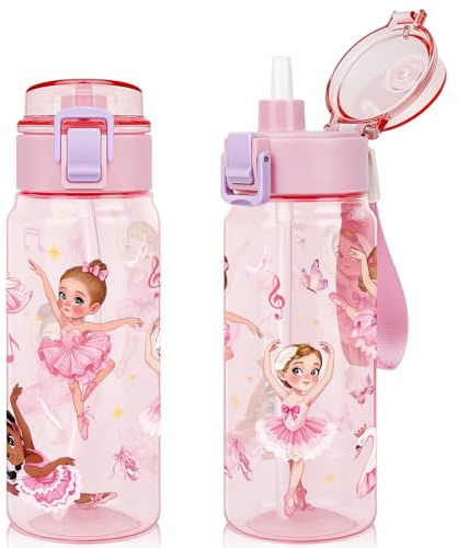 wooshwa Barnflaska med sugrör, 550 ml, läckagesäker tritan vattenflaska med säkert lås, BPA-fri för flickor, barn, för skola, sport och utflykter - balett