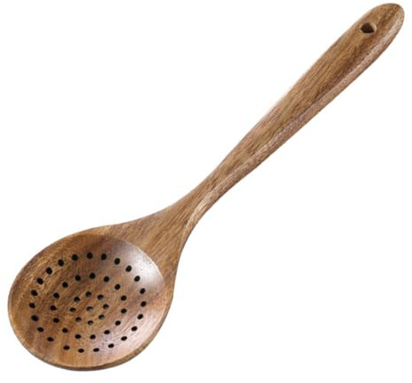 Teron Skimmer Cucchiaio da Cucina con Fori Manico Scanalato Skimmer Cucchiaio per Friggere e Scolare 28x7cm Paletta di Legno Slottedspoon Colino Colino Olio