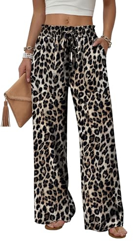 WIHOLL Wide Leg Palazzo Trousers Casual Summer Women's Clothing Elastic Drawstring Waist Soft Light Pants with Pockets for Beach Travel Daily Wearing