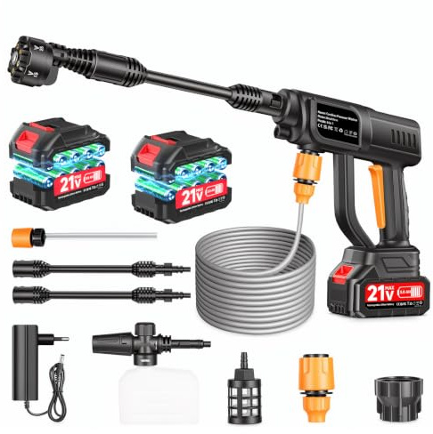 Idropulitrice a batteria, 120 bar, 1700 psi, motore brushless, batteria da 3,0 Ah, set con 2 batterie, ugello 6 in 1, funzione di aspirazione, ideale per auto, bicicletta, terrazza
