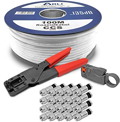 ARLI HD Sat Kabel 100 m Koaxialkabel 135 dB Koaxial 5-fach geschirmt inkl. Kompressionszange Abisoliermesser 20 x F Kompressionsstecker Satkabel TV Antennenkabel Koax 4K