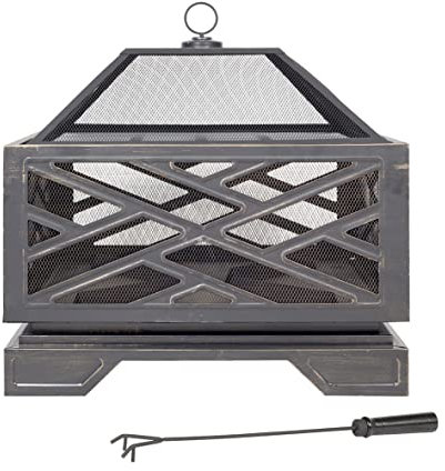 La Hacienda Brooklyn Deep Steel Firepit with Cooking Grill, XL Bronze effect. Modern, Patio Heater Wood Burner