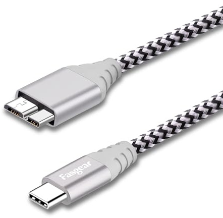 Fasgear Cable USB C a Micro B [1m] Conector de metal trenzado de nailon tipo C a Micro 3.0 Cable de carga rápida 5 Gbps Sync Compatible con Toshiba Canvio, Galaxy S5 Note 3 y más (1m, Gris)