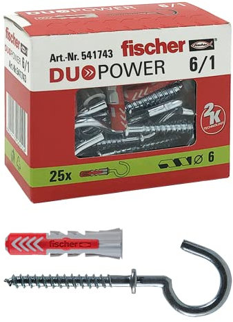 Fischer 25 Tasselli Duopower con Occhiolo Aperto, 6 x 30 mm Universali, per Muro pieno, Mattone Forato, Cartongesso, 541743, grigio/rosso, 25 pz