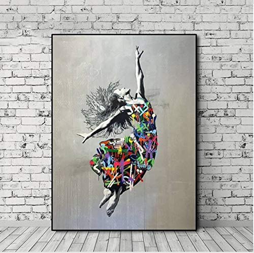 ZXCLKJH Banksy-Kunst-Leinwanddruck, kreativer abstrakter tanzender Mädchen-Bilddruck-Wandplakat-Street-Pop-dekoratives Gemälde, 50 x 70 cm ungerahmt