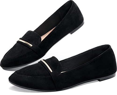 Women's Pointy Toe Loafer Flat Comfortable Faux Suede Work Shoes,Cute Penny Loafer Slip On Ballet Flat(Black US9)