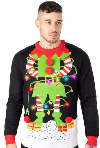 NOROZE LED jultröja för män unisex presentträd alf jultomten jultröja pullover topp (S, Älva Ljusplugg Svart)