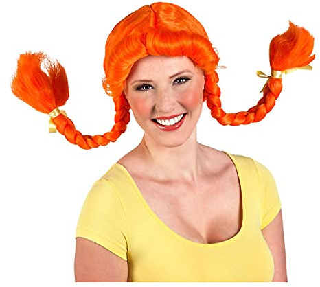 NEU Perücke Damen mit zwei geflochtenen Zöpfen und Pony Heidi, orange - mit Haarnetz