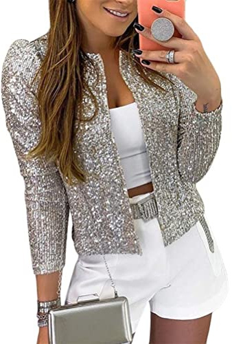 Minetom Damen Pailletten Blazer Pailletten Schimmer Jacke Lässig Langarm Glitzer Party Glänzend Kurz Mantel Rave Oberbekleidung Mantel Outfits Clubwear A Silber S