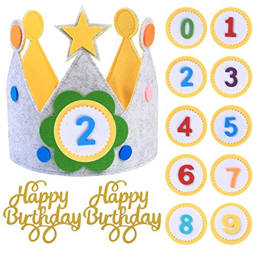 Corona de Cumpleaños de Unicornio, Corona de Sombrero Cumpleaños de Fiesta Infantil de Tela con Números Reemplazables 0-9, para Fiestas de Cumpleaños, Niños Y Niñas-Amarillo