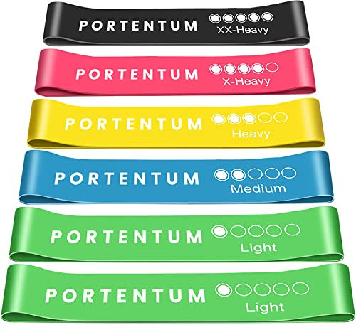 PORTENTUM Resistance Bands [Set of 6] Skin-Friendly Resistance Fitness Exercise Loop Bands with 5 Different Resistance Levels - Carrying Case Included - Ideal for Gym, Home, Yoga, Training