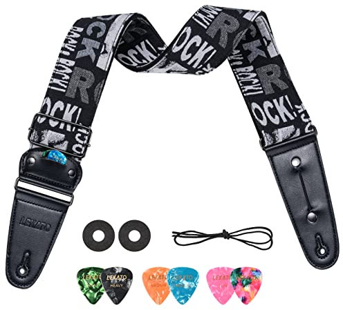 LEKATO Gitarrengurt, Gestreift 6.7cm Breit Verstellbarer Rindsleder Lederenden mit Pick Tasche - mit 6 Plektren/Strap Locks - Guitar Strap für Bass, elektrische und akustische Gitarren