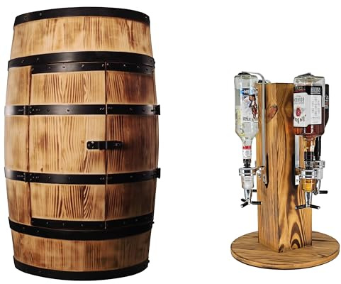 CREATIVE COOPER Ensemble d'un bar en bois tonneau à vin avec porte et un support d'alcool avec 4 becs verseurs brûlés par le soleil
