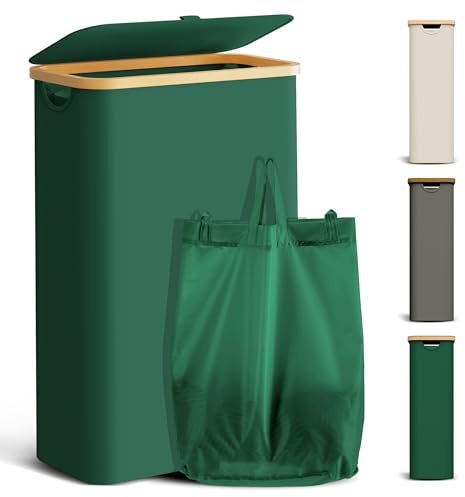 YOUDENOVA Wäschekorb mit Deckel 48L Wäschesammler schmal mit Wäschesack faltbarer Wäschesortierer Holz Bambus Wäschetruhe hoch Laundry Baskets, Grün